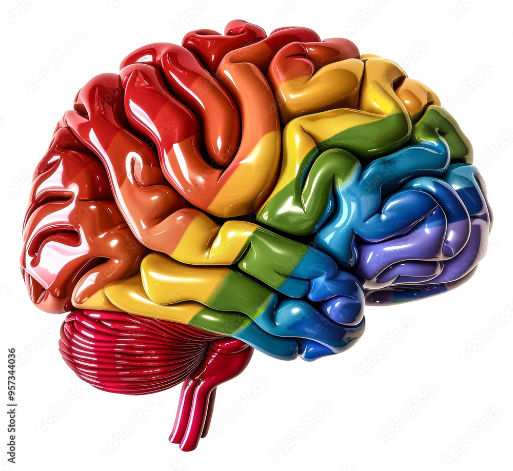 Poster colorful brain model showcasing neural networks and connections isolated on transparent background