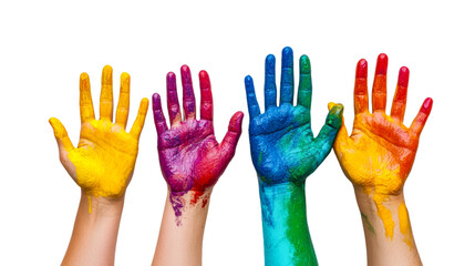 Fototapeta premium Colorful handprints showcasing creativity with paint on canvas isolated on transparent background