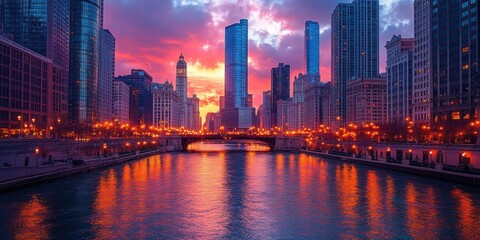 Fototapeta premium amazing a city skyline with a a cityscape featuring a towering skyscraper a bustling street and a serene river flowing through it png