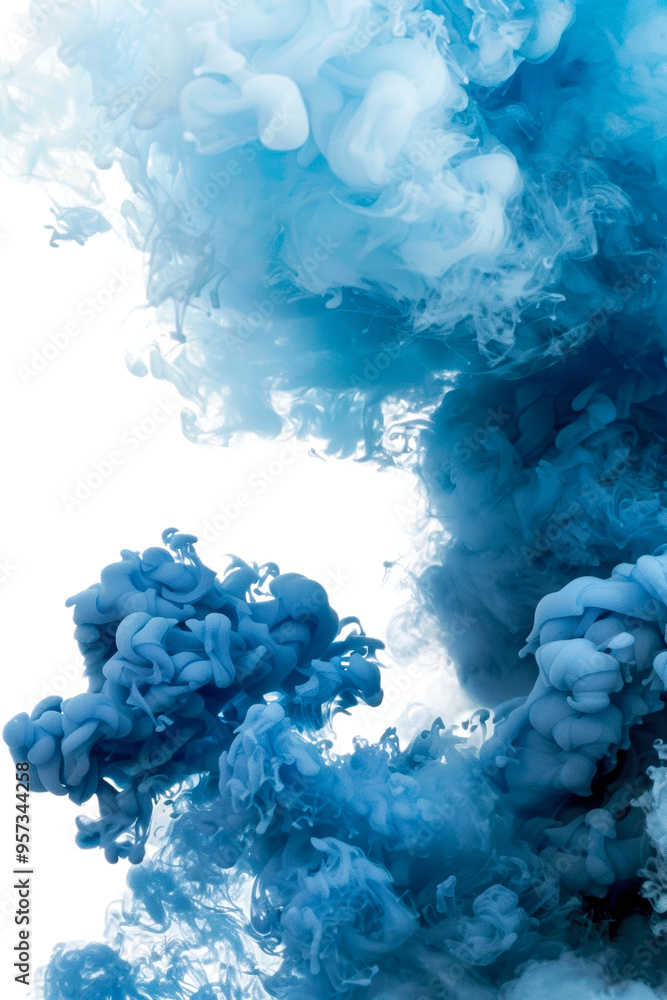 Poster swirling blue ink clouds forming abstract patterns in water isolated on transparent background