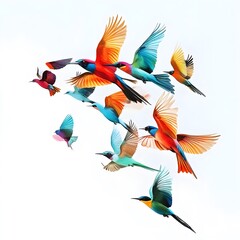 Obraz premium Nature scene with colorful birds flying in synchronized formation image