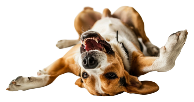 Happy beagle stretching and playing at home during the afternoon isolated on transparent background