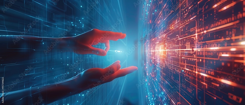 Poster abstract background of hands touching digital transformation virtual screen