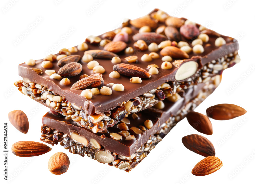 Poster delicious chocolate bars topped with nuts and seeds ready to enjoy isolated on transparent backgroun