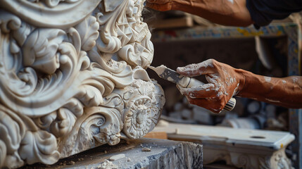 Artisan carving detailed stone patterns