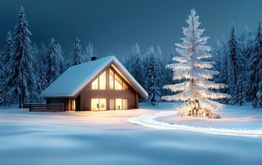 Fototapeta premium A cozy cabin surrounded by snow-covered trees, illuminated by warm light, creating a peaceful winter scene.