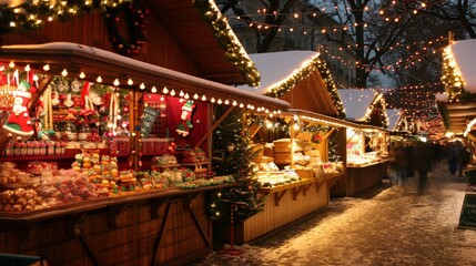 Fototapeta premium Christmas Market in France with Stalls Selling Holiday Treats and Gifts Under Twinkling Lights