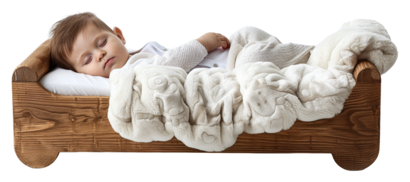 Infant sleeping peacefully in a cozy bed with a warm blanket isolated on transparent background