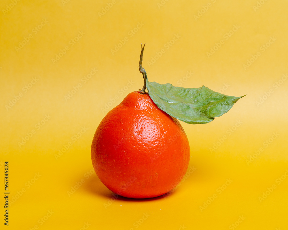 Wall mural orange with green leaf in yellow background