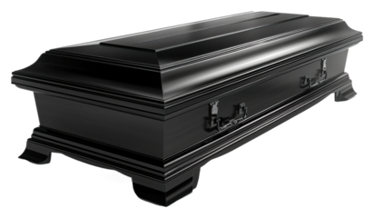 Elegant black casket resting on a smooth surface in a somber setting isolated on transparent background