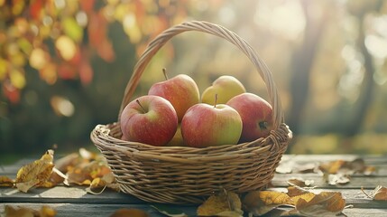  A basket brimming with apples rests atop a wooden table, adjacent to rustling leaves and a tree with fallen foliage (43 tokens