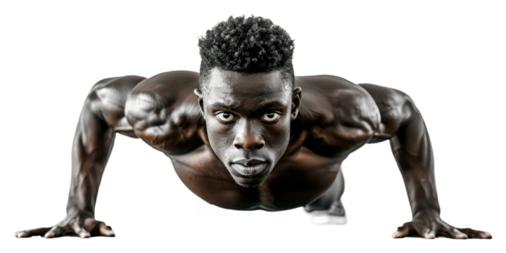 Muscular man performing push-ups indoors in focused workout session isolated on transparent background