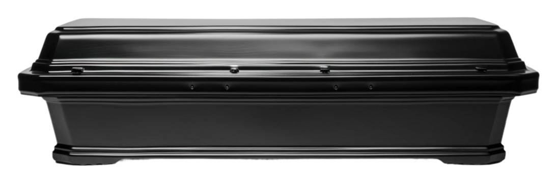 Simple black coffin displayed in an indoor setting for mourning isolated on transparent background