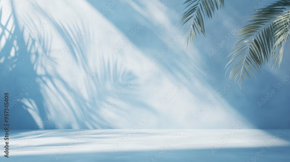 Wall mural tranquil blue background with palm shadows