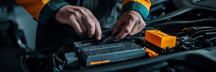 A skilled mechanic focuses intently as they carefully service a car's electric battery in a workshop, ensuring all components are properly maintained for optimal performance