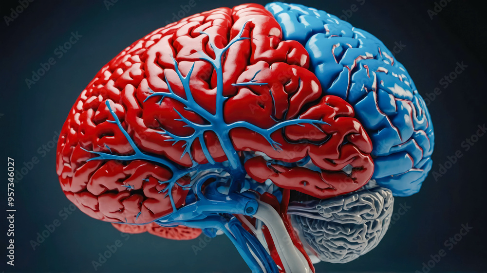Poster highly detailed brain with blue and red sections, surrounded by intricate vascular structures, empha