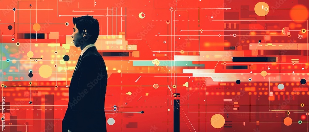 Poster a businessman collaborates with ai algorithms, fostering innovation in a high-tech