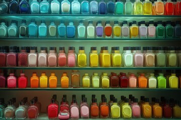 A shelf full of colorful bottles of nail polish. The bottles are arranged in rows, with each row containing a different color. The shelf is filled with a variety of colors, from bright
