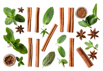 Cinnamon sticks and fresh herbs isolated on transparent background