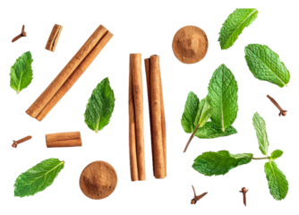 Fresh mint leaves and cinnamon sticks isolated on transparent background