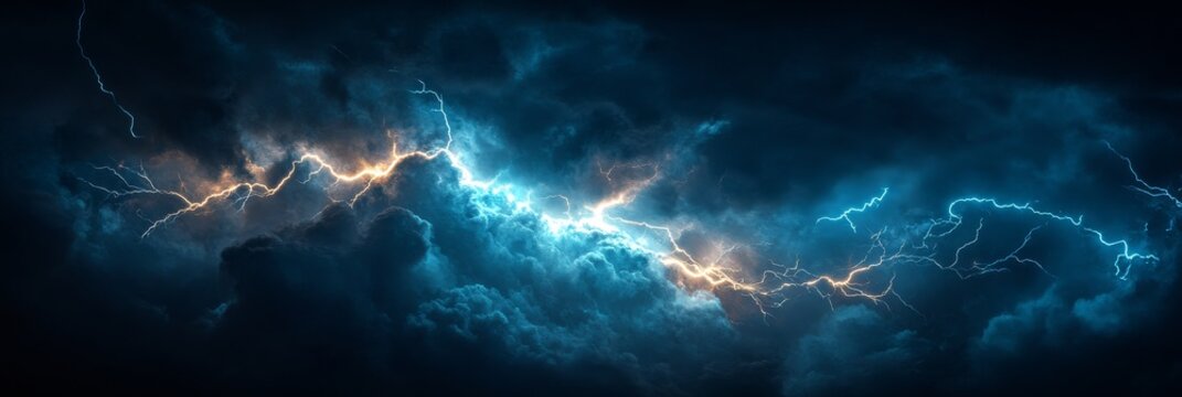 A dramatic lightning bolt splits the pitch-black sky, illuminating intricate cloud formations during a fierce storm in the night