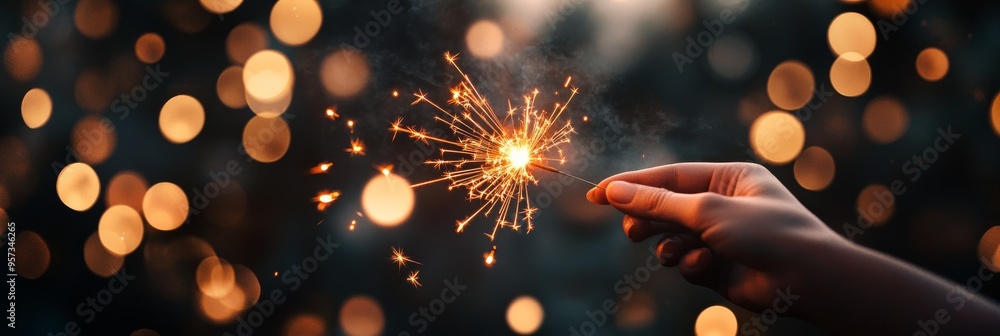 Poster a hand grips a bright sparkler, emitting a warm glow amidst a soft-focus background of shimmering bo
