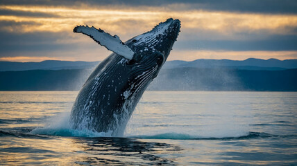 Naklejka premium A humpback whale breaches the ocean, displaying its massive body as water cascades off its fins