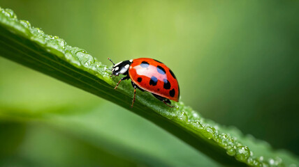 Obraz premium A bright red ladybug on a green leaf covered with dew drops