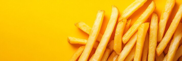 Fototapeta premium A neat pile of crispy French fries showcases their golden hue against a bright yellow background, inviting cravings for this classic, delicious snack