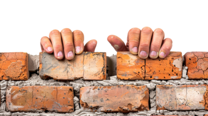 Hands reaching over a brick wall under bright lighting isolated on transparent background