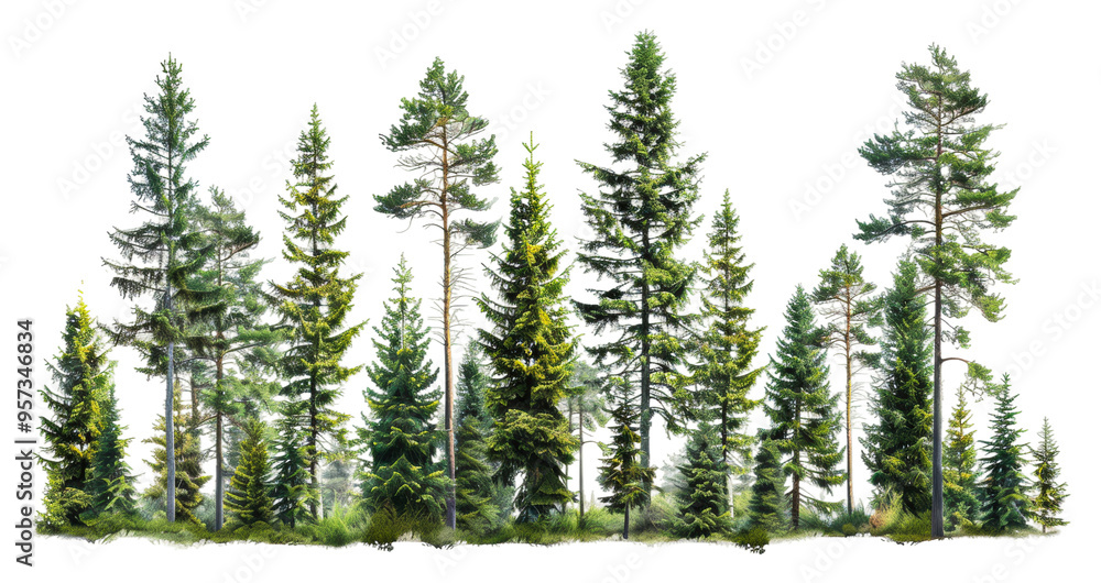 Poster lush green coniferous forest showcasing various evergreen trees isolated on transparent background