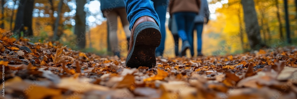 Poster a group of tourists walks leisurely on a path coated with colorful autumn leaves, surrounded by tree
