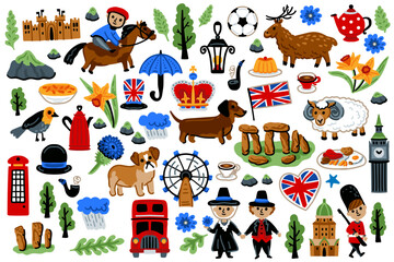 London set, United Kingdom Cartoon Icons Design Travel Concept. Red bus, castle, umbrella, crown. Travel landmarks vector illustrations.