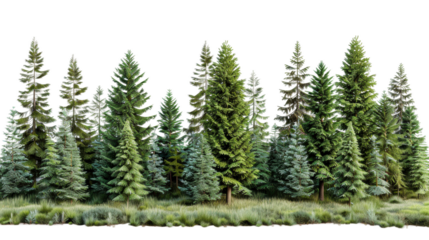 Dense green pine forest with various tree species in daytime light isolated on transparent background