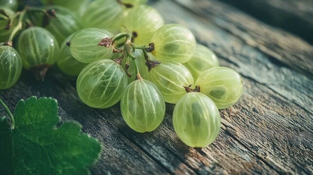   Green grapes atop wooden table, beside leafy green foliage
