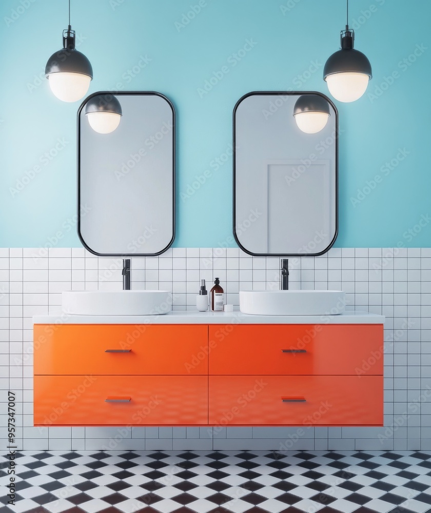 Wall mural Modern bathroom with light blue tiles, checkerboard floor, and orange vanity