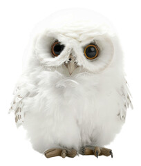 Fototapeta premium A fluffy white owl perched with big round eyes looking curiously isolated on transparent background