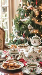 Naklejka premium Festive Christmas Afternoon Tea Setup with Fine China, Holiday Pastries, and Decorated Tree