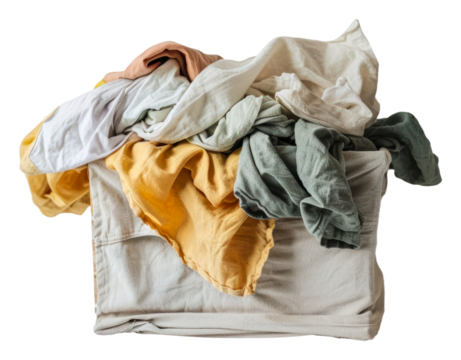 Laundry basket overflowing with colorful clothes ready for washing isolated on transparent background