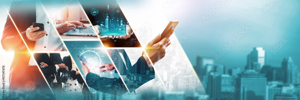Poster communication technology , smart connection iot and people network technology concept. people using 