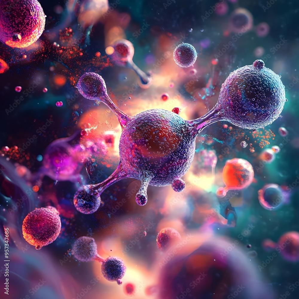 Poster molecular structure in motion with abstract clone view in sky