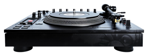 Black turntable spinning vinyl at a DJ session isolated on transparent background