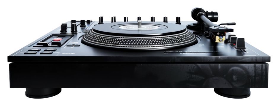 Black turntable spinning vinyl at a DJ session isolated on transparent background