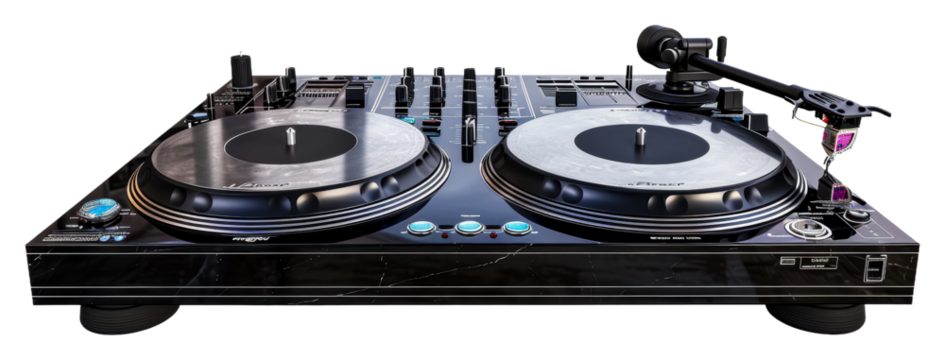 Professional DJ equipment set up for a vibrant party atmosphere isolated on transparent background