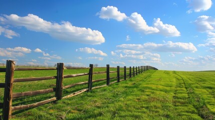 Obraz premium Field Fence. Rural Landscape with Wooden Fence in Green Fields