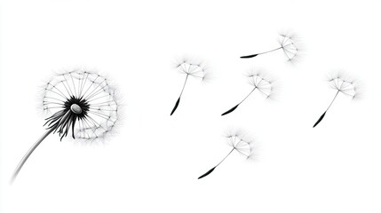 Delicate dandelion seeds dancing in the breeze, captured in a beautiful pencil drawing on a pristine white canvas
