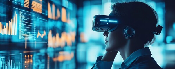 Business professional exploring virtual reality in modern office environment