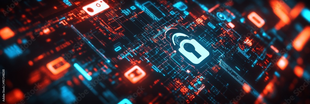 Poster a virtual lock icon appears prominently, surrounded by glowing digital shields and streams of encryp