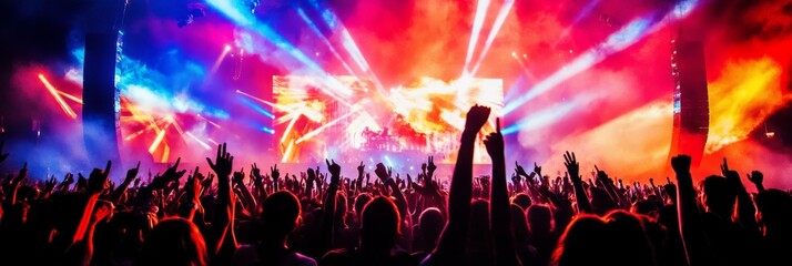 Obraz premium A lively crowd erupts in cheers, hands lifted high against a backdrop of colorful lights and dynamic visuals, celebrating the exhilarating atmosphere of a nighttime concert