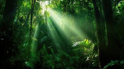 Obraz premium Dark rainforest, sun rays through the trees, rich jungle greenery 